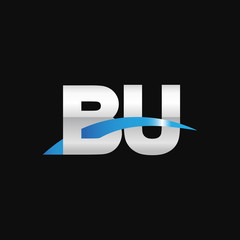 Initial letter BU, overlapping movement swoosh logo, metal silver blue color on black background