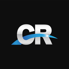 Initial letter CR, overlapping movement swoosh logo, metal silver blue color on black background