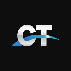 Initial letter CT, overlapping movement swoosh logo, metal silver blue color on black background