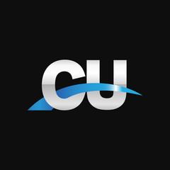 Initial letter CU, overlapping movement swoosh logo, metal silver blue color on black background