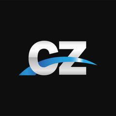 Initial letter CZ, overlapping movement swoosh logo, metal silver blue color on black background