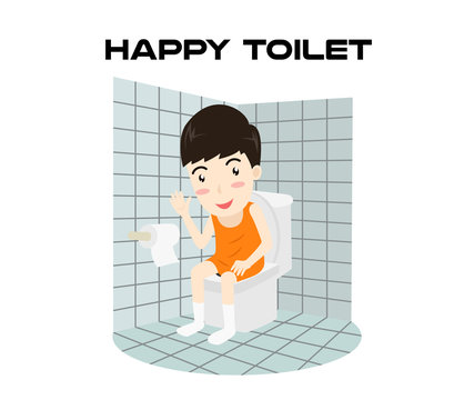 Cartoon happy man sitting on a toilet and smiling isolated on white background - Vector illustration