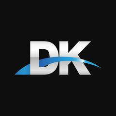 Initial letter DK, overlapping movement swoosh logo, metal silver blue color on black background