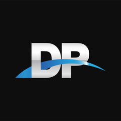Initial letter DP, overlapping movement swoosh logo, metal silver blue color on black background