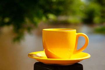 Tea under the branches of a tree. A yellow cup of tea on a background of a river surrounded by green tree branches. Tea under the summer sun.