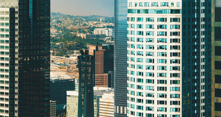 Aerial view of skyscrapers in Downtown Los Angeles, CA