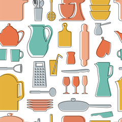 Seamless vector pattern. Kitchen background. Cooking utensils and kitchen tools. Seamless kitchen vector background with icons.