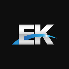 Initial letter EK, overlapping movement swoosh logo, metal silver blue color on black background