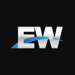 Initial letter EW, overlapping movement swoosh logo, metal silver blue color on black background
