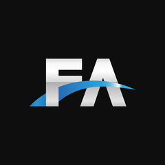 Initial letter FA, overlapping movement swoosh logo, metal silver blue color on black background