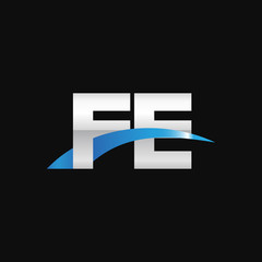 Initial letter FE, overlapping movement swoosh logo, metal silver blue color on black background