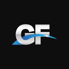 Initial letter GF, overlapping movement swoosh logo, metal silver blue color on black background