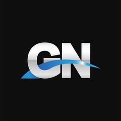 Initial letter GN, overlapping movement swoosh logo, metal silver blue color on black background