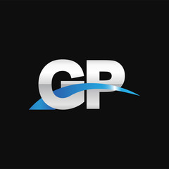 Initial letter GP, overlapping movement swoosh logo, metal silver blue color on black background