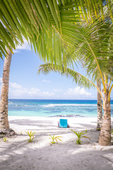Looking through tropical palm trees on a white sand beach with a sun lounger for relaxation on a sunny day towards the South Pacific Ocean. Photographed on Upolu Island, Samoa