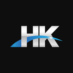 Initial letter HK, overlapping movement swoosh logo, metal silver blue color on black background