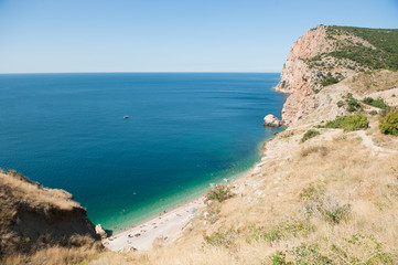 beautiful mediterranean seascape with summer beach with people recreation