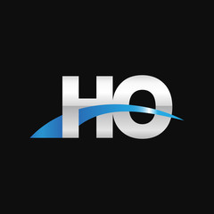 Initial letter HO, overlapping movement swoosh logo, metal silver blue color on black background
