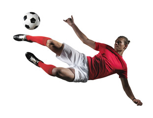 Soccer player in action on white background. - obrazy, fototapety, plakaty
