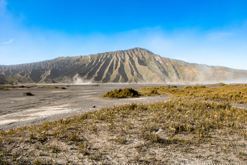 Mount Bromo volcano (Gunung Bromo) during sunrise from viewpoint on Mount Penanjakan, in East Java, Indonesia