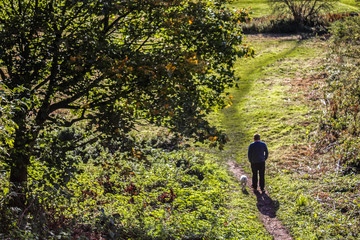 Man and Dog walking in Scottish countryside