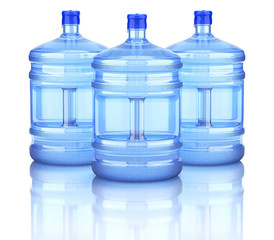 Three water dispenser bottle on reflective background 