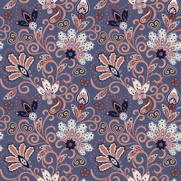 Hand drawn flower seamless pattern. Colorful seamless pattern with pargeting grunge whimsical flowers and paisley. Lilac background. Vector