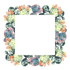 Frame with watercolor cactuses and colored watercolor stains.