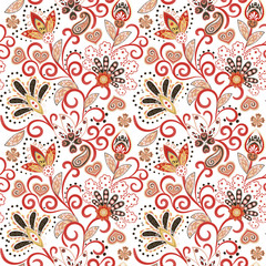 Hand drawn flower seamless pattern. Colorful seamless pattern with pargeting grunge whimsical flowers and paisley. Red brown colors on white background. Vector