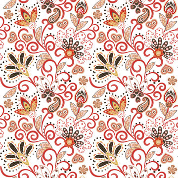 Hand drawn flower seamless pattern. Colorful seamless pattern with pargeting grunge whimsical flowers and paisley. Red brown colors on white background. Vector