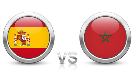 Spain vs Morocco - Match 36 - Group B - 2018 tournament. Shiny metallic icons buttons with national flags isolated on white background.