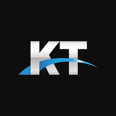 Initial letter KT, overlapping movement swoosh logo, metal silver blue color on black background