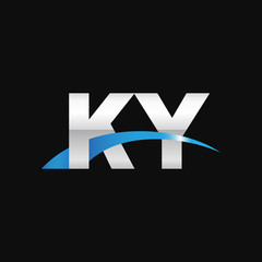 Initial letter KY, overlapping movement swoosh logo, metal silver blue color on black background