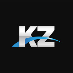 Initial letter KZ, overlapping movement swoosh logo, metal silver blue color on black background