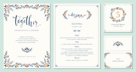 Fototapeta na wymiar Invitation, menu, table number and name place card design. Floral wedding templates. Good for birthday, bridal and baby shower. Vector illustration. 