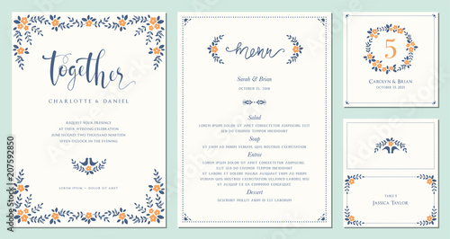 invitation menu table number and name place card design floral