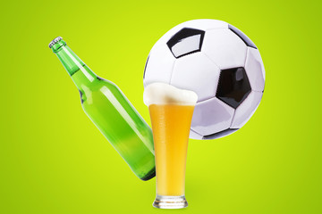 Creative poster for football and beer, fresh beer with soccer ball.