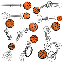 Set of basketball balls with motion trails in comic style. Design element for poster, banner, flyer, card.