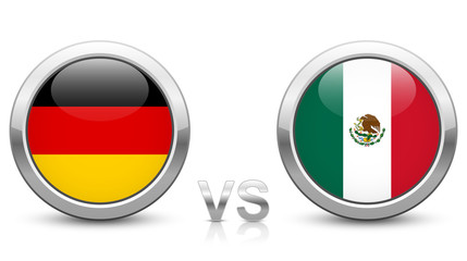 Germany vs Mexico - Match 11 - Group F - 2018 tournament. Shiny metallic icons buttons with national flags isolated on white background.