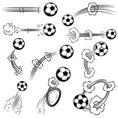 Set of football, soccer balls with motion trails in comic style. Design element for poster, banner, flyer, card.