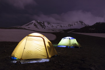 Tents of tourists are located at the foot of Mount Erciyes in central Turkey