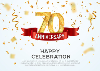 70 years anniversary vector banner template. Seventieth jubilee with red ribbon and confetti on white background