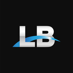 Initial letter LB, overlapping movement swoosh logo, metal silver blue color on black background