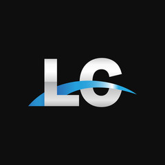 Initial letter LC, overlapping movement swoosh logo, metal silver blue color on black background