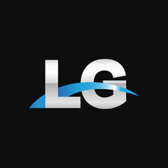 Initial letter LG, overlapping movement swoosh logo, metal silver blue color on black background