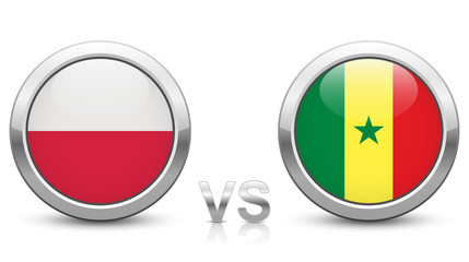 Poland vs Senegal - Match 15 - Group H - 2018 tournament. Shiny metallic icons buttons with national flags isolated on white background.