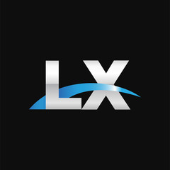 Initial letter LX, overlapping movement swoosh logo, metal silver blue color on black background