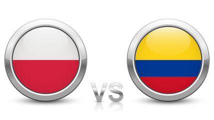 Poland vs Colombia - Match 31 - Group H - 2018 tournament. Shiny metallic icons buttons with national flags isolated on white background.