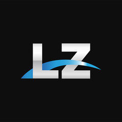 Initial letter LZ, overlapping movement swoosh logo, metal silver blue color on black background