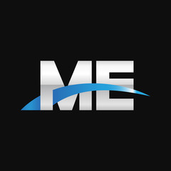 Initial letter ME, overlapping movement swoosh logo, metal silver blue color on black background